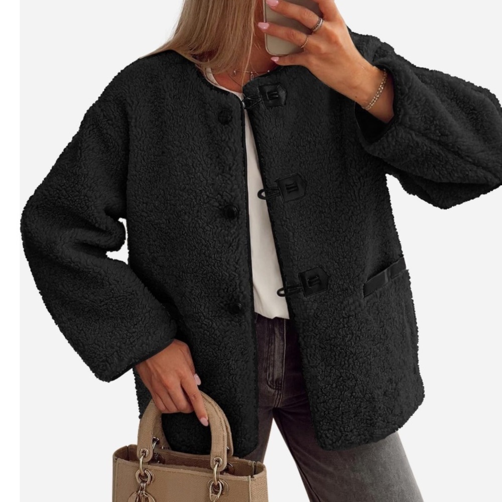 Women's Sherpa Fleece Jacket Long Sleeve Faux Fuzzy Button Outwear with Pockets